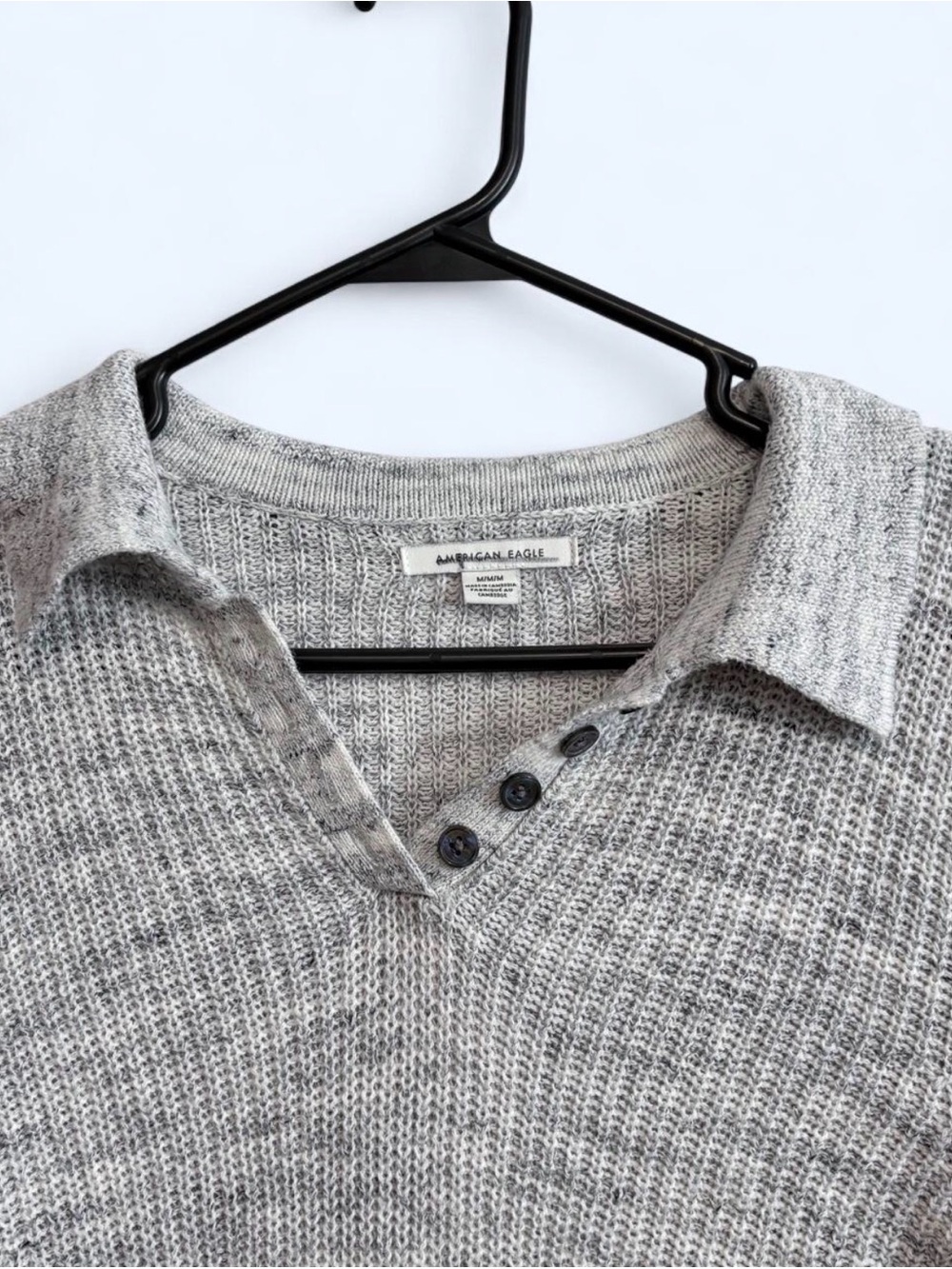 American Eagle Light Gray V-Neck Collared Sweater with Button Detail - Picture 3 of 4